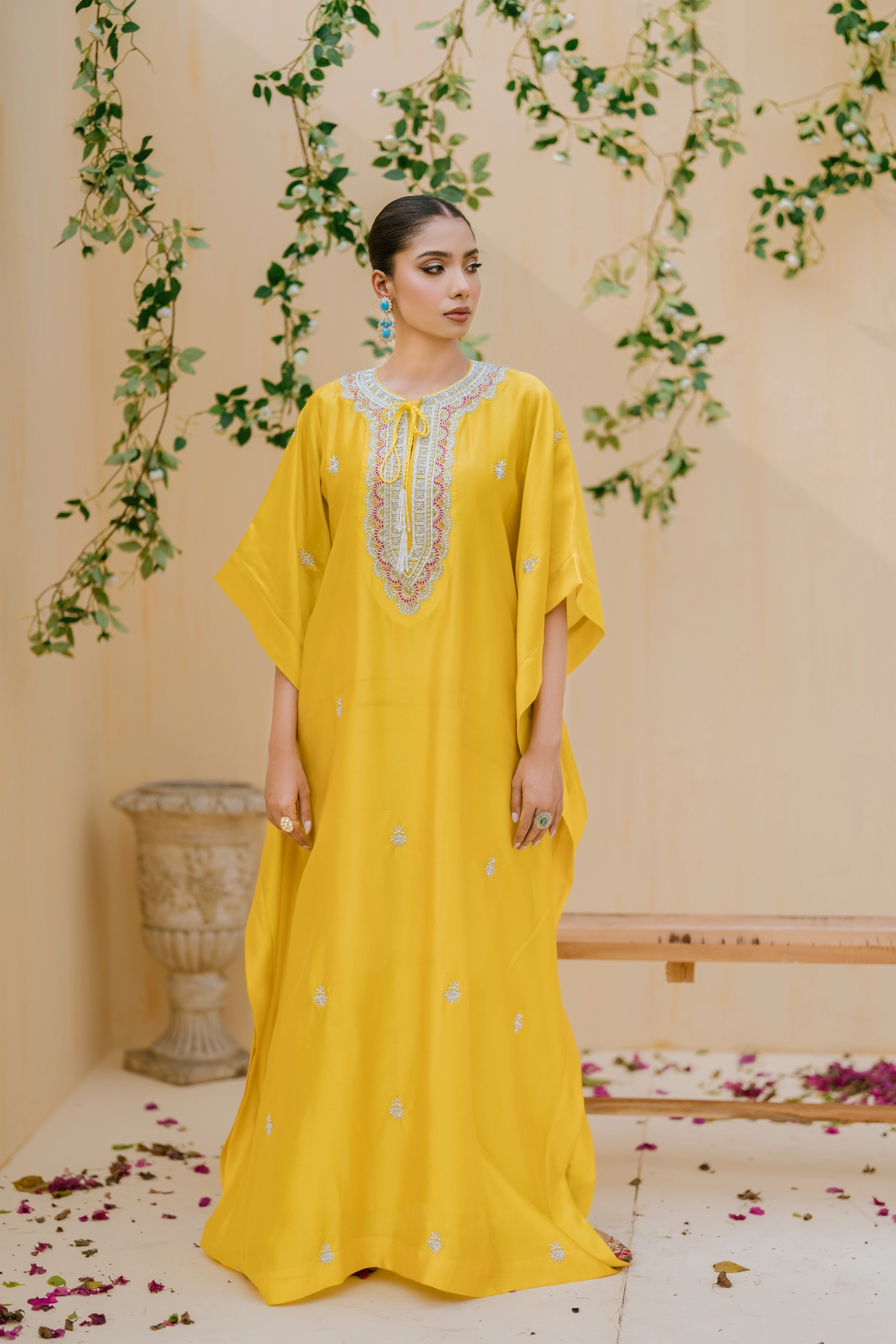 Yellow Embroidered Silk Kaftan
